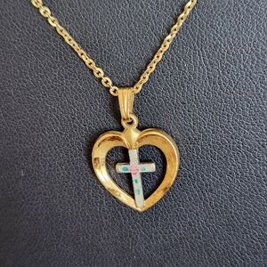 Vintage Heart with Cloisonne Cross Pendant Necklace